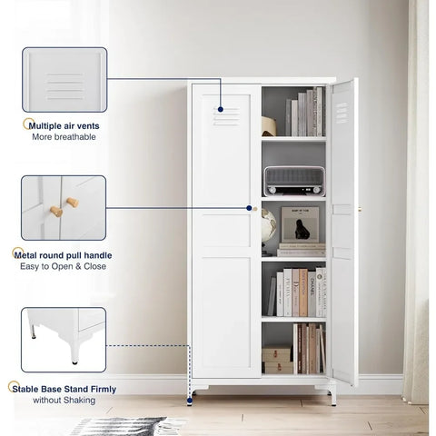 Metal Storage Cabinet with 2 Doors and 4 Adjustable Shelves - 61" White Kitchen Pantry Storage Cabinet