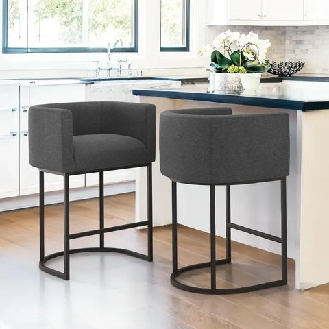 27" H Counter Height Bar Stools Set of 2, Modern Barrel Counter Stools with Backrest and Arms, Black Metal Frames