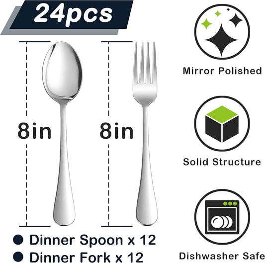 24-piece Forks and Spoons (8 Inches) Silverware Set,  18/0 Stainless Steel Serving Flatware Cutlery Set for , Kitchen and Restau