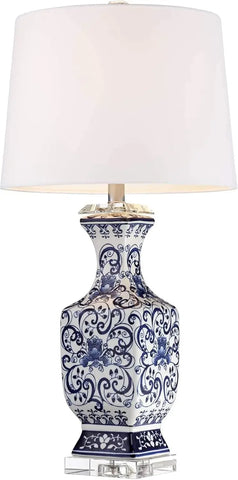 Barnes and Ivy Iris Asian Chinese Jar Style Table Lamps 28" Tall Set of 2 Blue Porcelain Crystal Geneva White Fabric Drum Shade