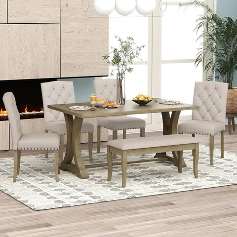 6 - Piece Dining Table Set, Includes Dining Table and 4 Upholstered Chairs & Bench, Kitchen Tables Set, Dining Tables Set