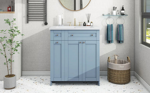 Modern 30-Inch Bathroom Vanity Cabinet with Easy-to-Clean Resin Integrated Sink in Blue