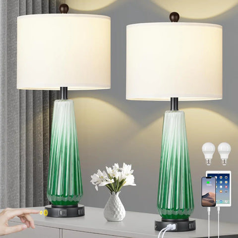 Glass Table Lamps for Living Room, 26" Modern Table Lamps with USB A+C Ports & AC Outlet, Touch Control Bedside Nightstand