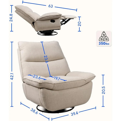 Recliner Chair 350 LBS, Oversized Swivel Rocker Recliner Chair w/Adjustable Backrest Side Pockets, Armless Recliner Sofa