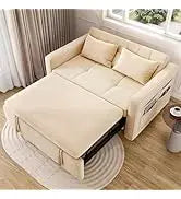 55" Convertible Sofa Bed,3-in-1 Sleeper Sofa with Pull-Out Bed,Velvet Futon Couch Reclining Backrest and Side Pocket,Modern