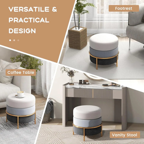 Round Vanity Stool, Linen Fabric Ottoman Footrest with Cushioned Seat,Upholstered Makeup Chair, Dressing Table Stool for Bedroom