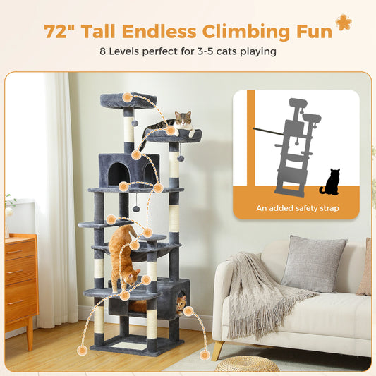 Large Cat Tree Tower for Indoor Cats With Sisal-Covered Scratching Posts Spacious Hammock Padded Perches and Condos Dark Grey