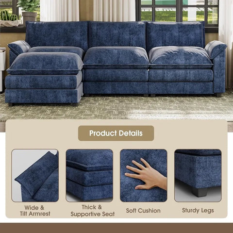 119” Modular Oversized Sectional Sofa Couch,Wide Arm L-Shaped Couch, Deep Seat and Reversible Ottoman,Chenille Fabric