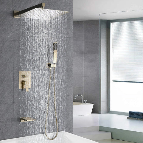 12 inch Gold Concealed Shower Rain Mixer Shower Combo Set Wall Mounted Rainfall Shower Head and Handheld System Shower Faucet