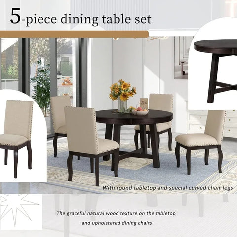 5-Piece Round Dining Table and Chair Set, Round Dining Table with Shelf, Wood Table Set for Family Dining Area