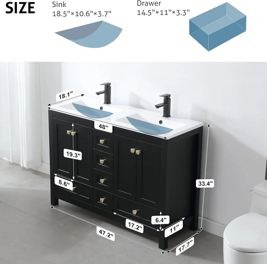 Vanities Cabinet with Sink Combo Set Undermount Double Resin Sink Thickened Wood Matte Black Faucet Painted Surface Black