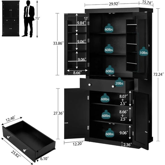 Cabinets.72” Kitchen Pantry Cabinet, Tall Storage Cabinet with 4 Doors and 1 Drawer,Freestanding Cupboard with 6 Hanging Shelves