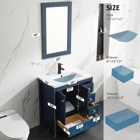 30" Bathroom Vanities Cabinet with Sink Combo Set, Undermount Ceramic Sink w/Thickened Wood, Matte Black Faucet