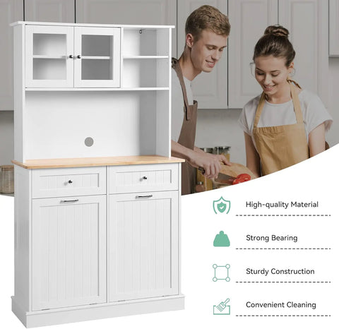 Kitchen Pantry Storage Cabinet, Microwave Cabinet with Tilt Out Trash Cabinet, Freestanding Kitchen Hutch,Tall Pantry Cabinet