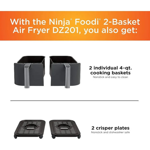 Ninja DZ201 Foodi 6-in-1 2-Basket Air Fryer with DualZone Technology, 8-Quart Capacity, and a Dark Grey Stainless Finish