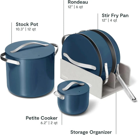 Caraway Cookware+ Collection - Specialty Cookware Set - Petite Cooker, Stir Fry Pan, Rondeau, & Stock Pot - 3 Lids & Storage