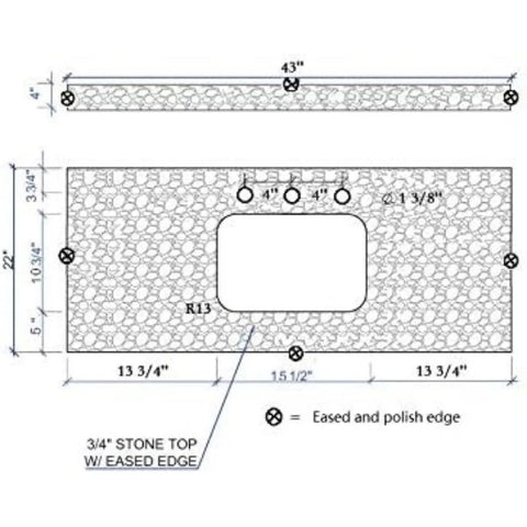 43"x 22" Bathroom Vanity Top ,White Marble Color With Rectangle Undermount Ceramic Sink And 3 Faucet Hole With Back Splash