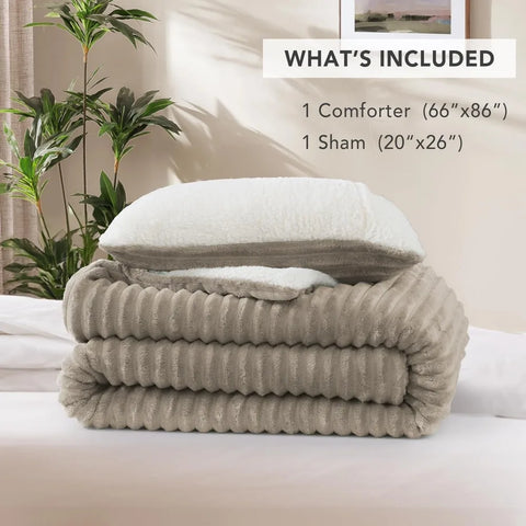 Comforter Set, Ultra-Soft Microplush Sherpa Fleece Bedding Sets, Reversible 3-Piece Comforters Set