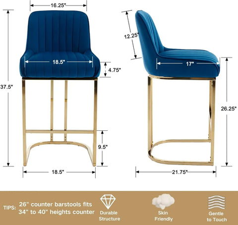 Modern Counter Height Bar Stools Set of 2 Green Bar Stools with Back/Gold Legs Upholstered Velvet Barstools 26''