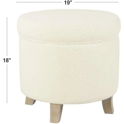 Round Transitional Faux Sheepskin Fabric Storage Ottoman Home Décor|Upholstered Round Foot Rest Ottoman- Light Cream Large