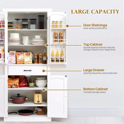 72" Kitchen Pantry Cabinet, Large Freestanding Cupboard with Drawer, Adjustable Shelves and Door Storage Shelves