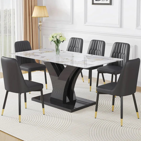 Modern Dining Room Table Set for 6, Faux Marble Kitchen Table and 6 PU Leather Chairs, 67” Rectangular Tempered Glass Table Set