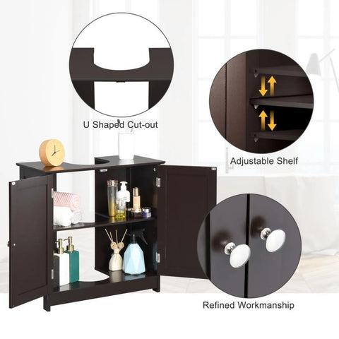 US Pedestal Sink Storage Cabinet Espresso Bathroom Vanity Organizer with 2 Doors Storage Cabinet & U-shaped Cut-out