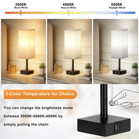 Bedside Lamps With USB CA Charging Ports With 3-Color Modes With Pull Chain Bedroom Lamp With White Fabric Shade Night Light