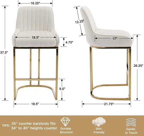 Modern Counter Height Bar Stools Set of 2 Green Bar Stools with Back/Gold Legs Upholstered Velvet Barstools 26''