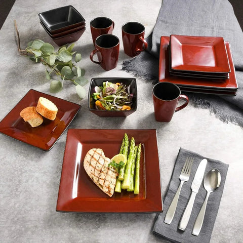 Square Reactive Glaze Stoneware Dinnerware Set, Service for 4 (16pcs),  Set Vaisselle Complet， Dishes and Plates Sets