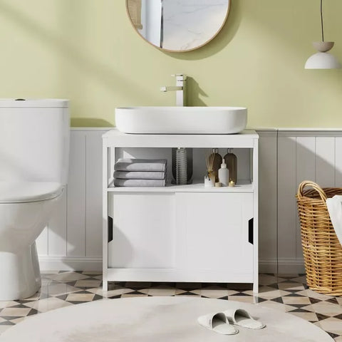 US Pedestal Sink Storage Cabinet Espresso Bathroom Vanity Organizer with 2 Doors Storage Cabinet & U-shaped Cut-out