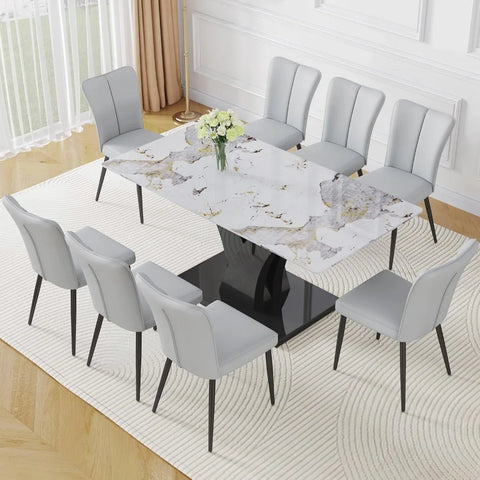 Modern Dining Room Table Set for 6, Faux Marble Kitchen Table and 6 PU Leather Chairs, 67” Rectangular Tempered Glass Table Set