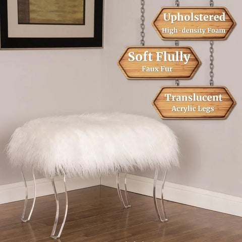 Ottoman Footstool, Modern Style White Faux Fur Dressing Stool with Acrylic Legs Decorative Bench for Bedroom, Footstool