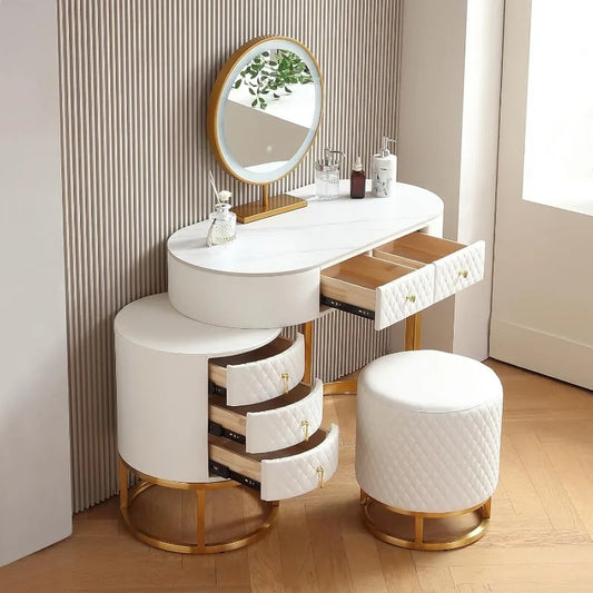 Luxury Faux Leather Vanity Desk with Mirror Makeup Table with Drawers & Vanity Stool