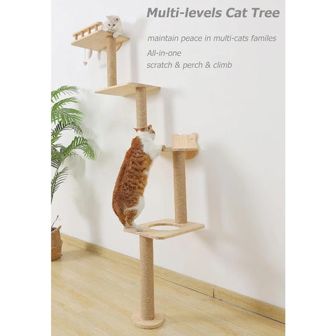 Cat Tree Wall Mounted with 4 Levels Cats Shelves, 73" Wood Cats Climbing Tower Indoor Cat Wall Shelve