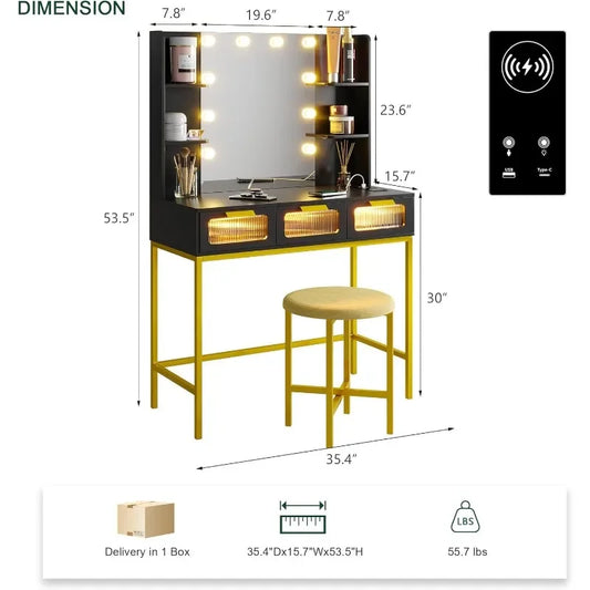 Small Vanity with Lights, Makeup Vanity with Charging Station,LED Vanity Desk with Mirror and 10 Bulbs, Makeup Desk with 3