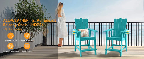 Tall Balcony Chair Set of 2, Patio Adirondack Chairs with Removable Connecting Trays, Outdoor  CupHolder and Umbrella Hole