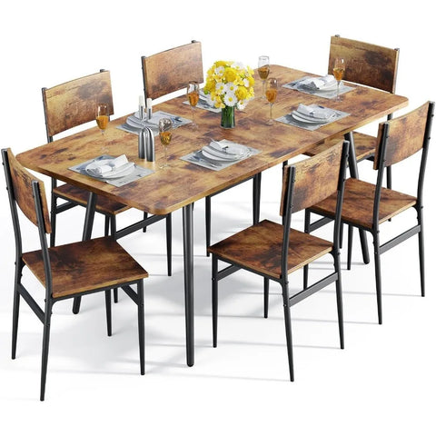 Qsun 63” Extendable Dining Table Set for 4-6 People, 7-Piece Dining Table Set, Rustic Brown Kitchen Table Set for Small Space