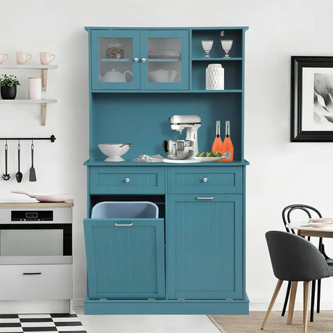 Kitchen Pantry Storage Cabinet, Microwave Cabinet with Tilt Out Trash Cabinet, Freestanding Kitchen Hutch,Tall Pantry Cabinet