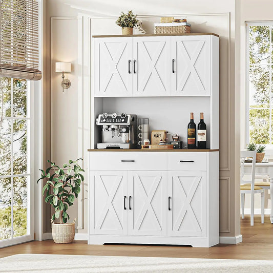 Pantry Cabinet with Charging Station, Tall Kitchen Pantry Storage Cabinet with Microwave Stand, Farmhouse Kitchen Hutch Cabinet