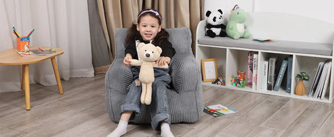 Kids Bean Bag Chair with a Plush Bear, Comfy Toddler Chair for Boys and Girls, Beige kids couch