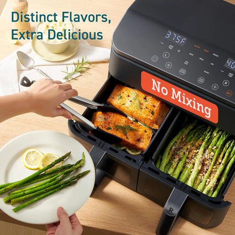 9Qt 10-in-1 Dual Air Fryer, Fresh Balanced Meals for Family and Children with Double Baskets, Sync Cook & Finish to Bake, Roast,