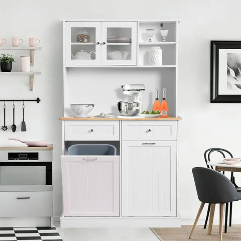 Kitchen Pantry Storage Cabinet, Microwave Cabinet with Tilt Out Trash Cabinet, Freestanding Kitchen Hutch,Tall Pantry Cabinet