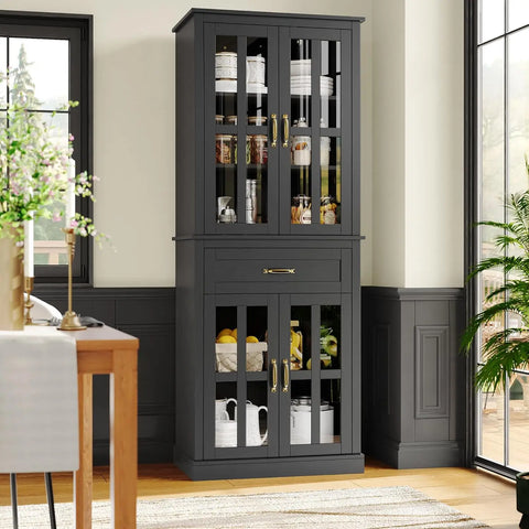 Kitchen Cabinet, Tall Cabinet with Glass Doors and Drawer, Freestanding Pantry Hunch with Adjustable Shelves, Cabinets Kitchen