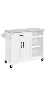 Kitchen Island Cart with Storage & Stainless Steel Countertop, Portable Kitchen Island on Wheels with Cabinet & Adjust