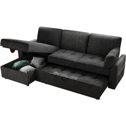 Pull Out Sofa Bed, Modern Tufted Convertible Sleeper Sofa, L Shaped Sofa Couch with Storage Chaise, Chenille Sectional Couch Bed