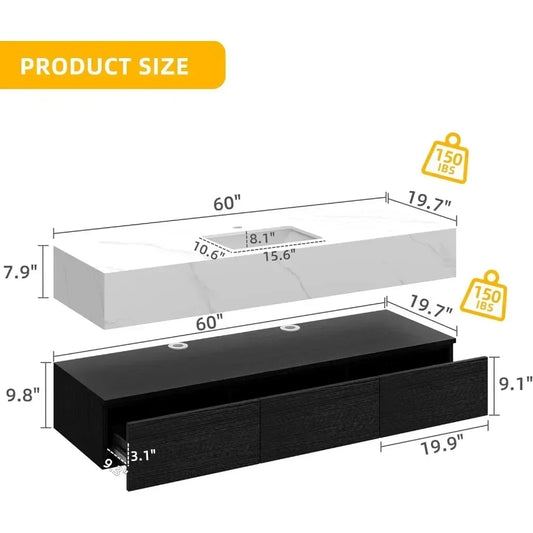 60 Inch Floating Vanity ,Bathroom Wall Mounted Bathrooms Storage Cabinet Single Integrated Set ,Bathroom Vanity Sink Set