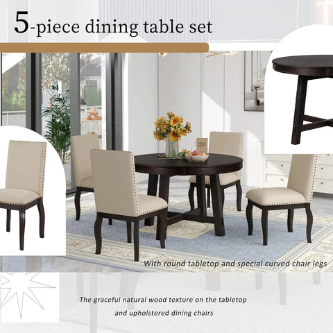 5-Piece Farmhouse Dining Table Set Wood Round Extendable Dining Table and 4 Upholstered Dining Chairs