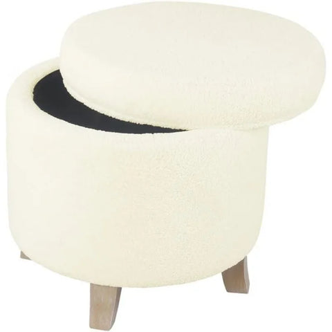 Round Transitional Faux Sheepskin Fabric Storage Ottoman Home Décor|Upholstered Round Foot Rest Ottoman- Light Cream Large