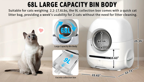 Self-cleaning cat litter box, 68L+9L, suitable for a variety of cat litter, APP control, real-time video, photo and video, safe